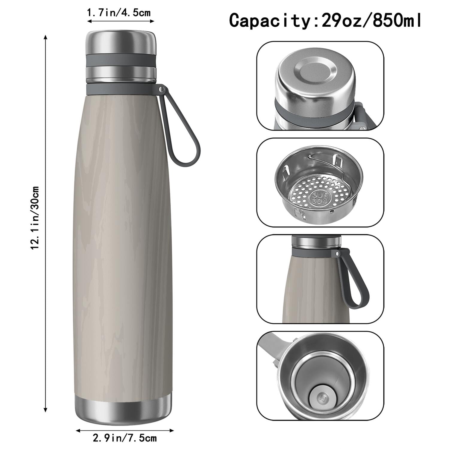 29oz Insulated Water Bottle with Tea Infuser, Stainless Steel Travel Mug, Wood Print