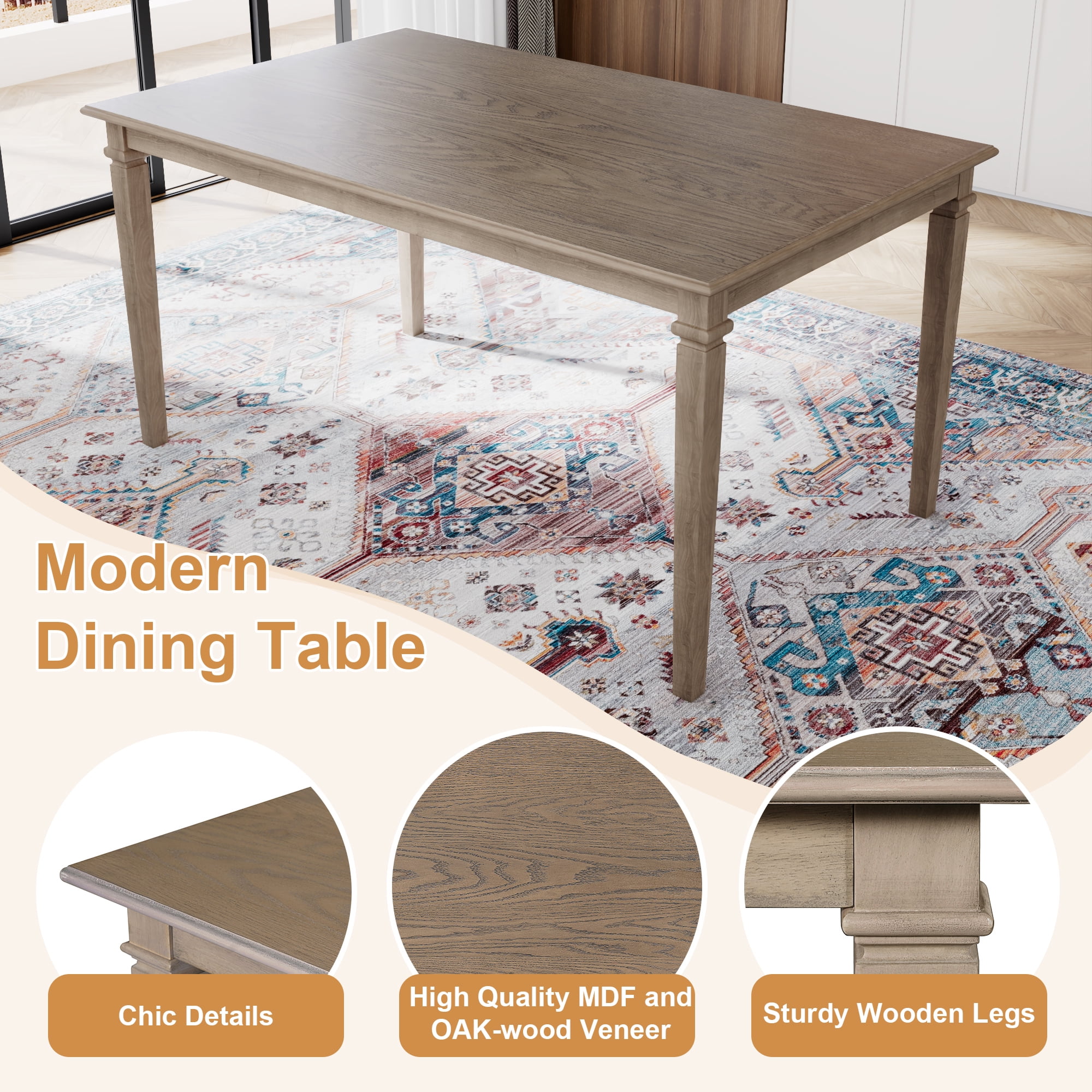 Euroco 6 Pieces Wood Dining Table Set with Bench,Retro Rectangular Table with 4 Upholstered Chairs & 1 Bench for Kitchen & Dining Room,Brown