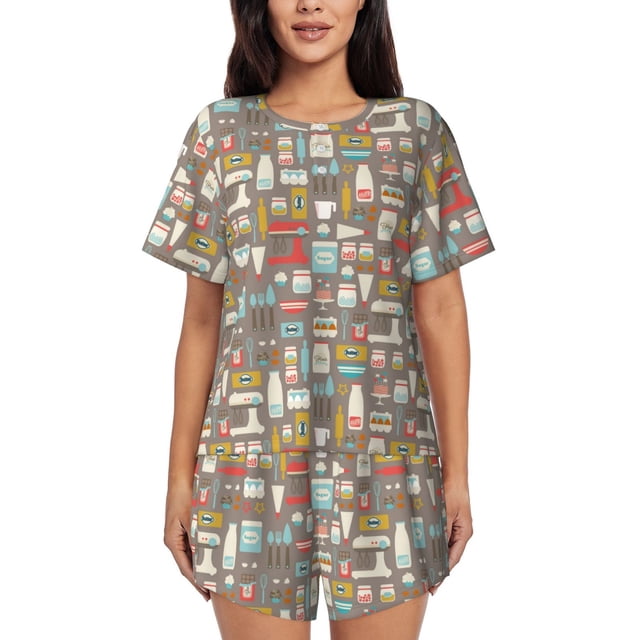 Fotbe Kitchen Food Conjunto de Pijama Estampado para Mujer, 2 Piezas, Ropa de Dormir con Camiseta de Manga Corta y Shorts Suaves-Medium