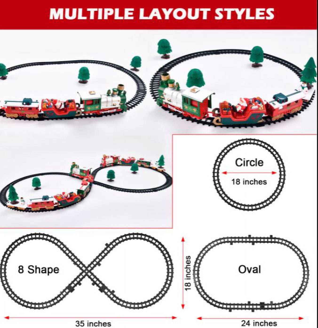 Classic Christmas Train Set with Lights and Sounds, Santa Claus Sleigh, Snowman, Pine Tree, Christmas Spirit Train Set for Under The Tree