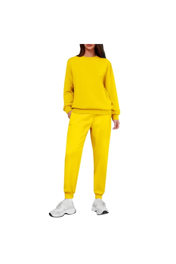 Women's 2-Piece Casual Fleece Lined Set, Solid Color Hoodie and Sweatpants with Pockets, Warm Winter Loungewear,Yellow 2XL