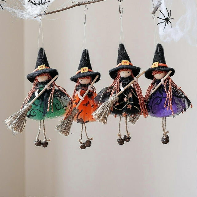 4pcs Halloween Hanging Ornaments Angel Broom Doll Figure Kids Halloween Party Favors For Haunted House Party Decoration Ornament