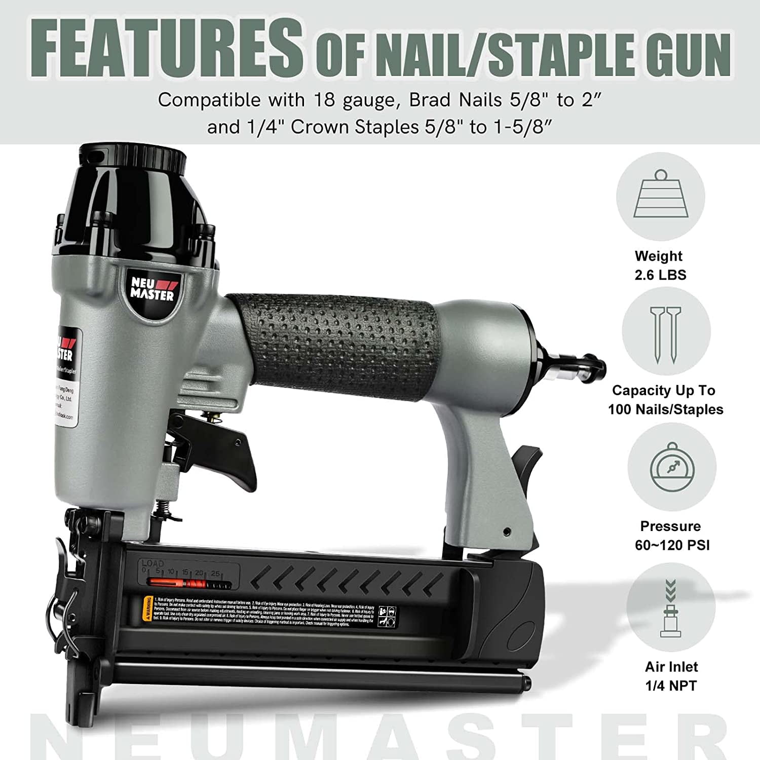 NEU MASTER  Pneumatic Nail Gun, 2 in 1 Staple Gun,Lightweight Portable Brad Nailer for Upholstery, Carpentry, Woodworking, Home Improvement (GRAY)