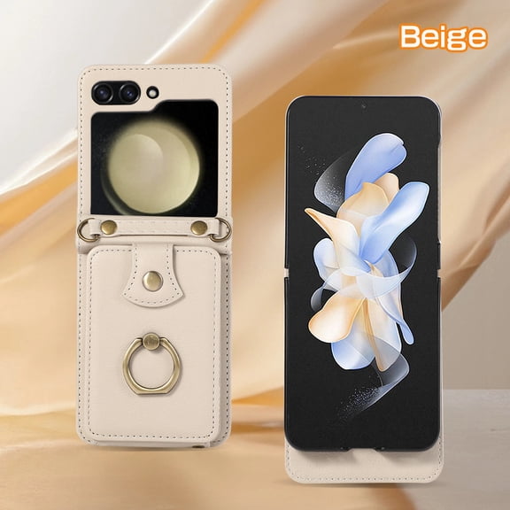 ELEHOLD Case for Samsung Galaxy Z Flip 5, Crossbody RFID Leather Wallet Phone Case with Ring Stand,Beige