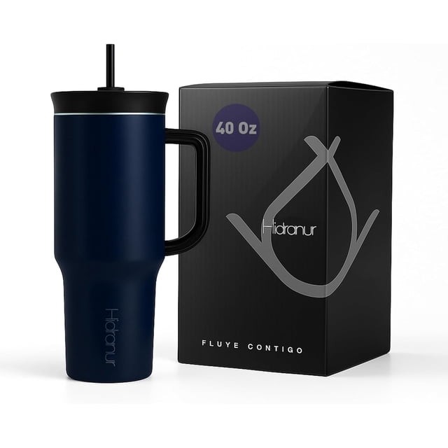 Termo con Asa y Popote Hidranur 40 Oz, Tapa Hermética Antifugas, Azul/Negro