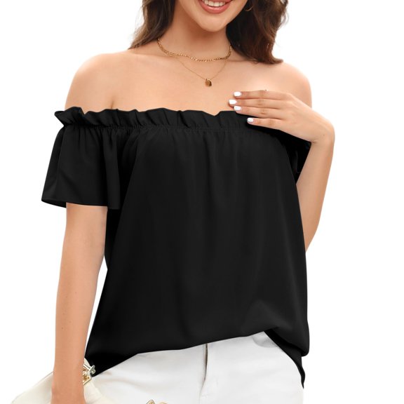 Sakmal Short Sleeve Womens Tops Under $10 Black Solid Off-The-Shoulder Chiffon T-Shirts Womens Shirts for Summer