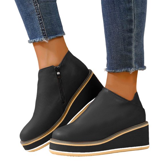 Rokment Platform Wedge Boots for Women Fall Winter Fashion Simple Leather Chunky High Heel Short Dress Ankle Booties