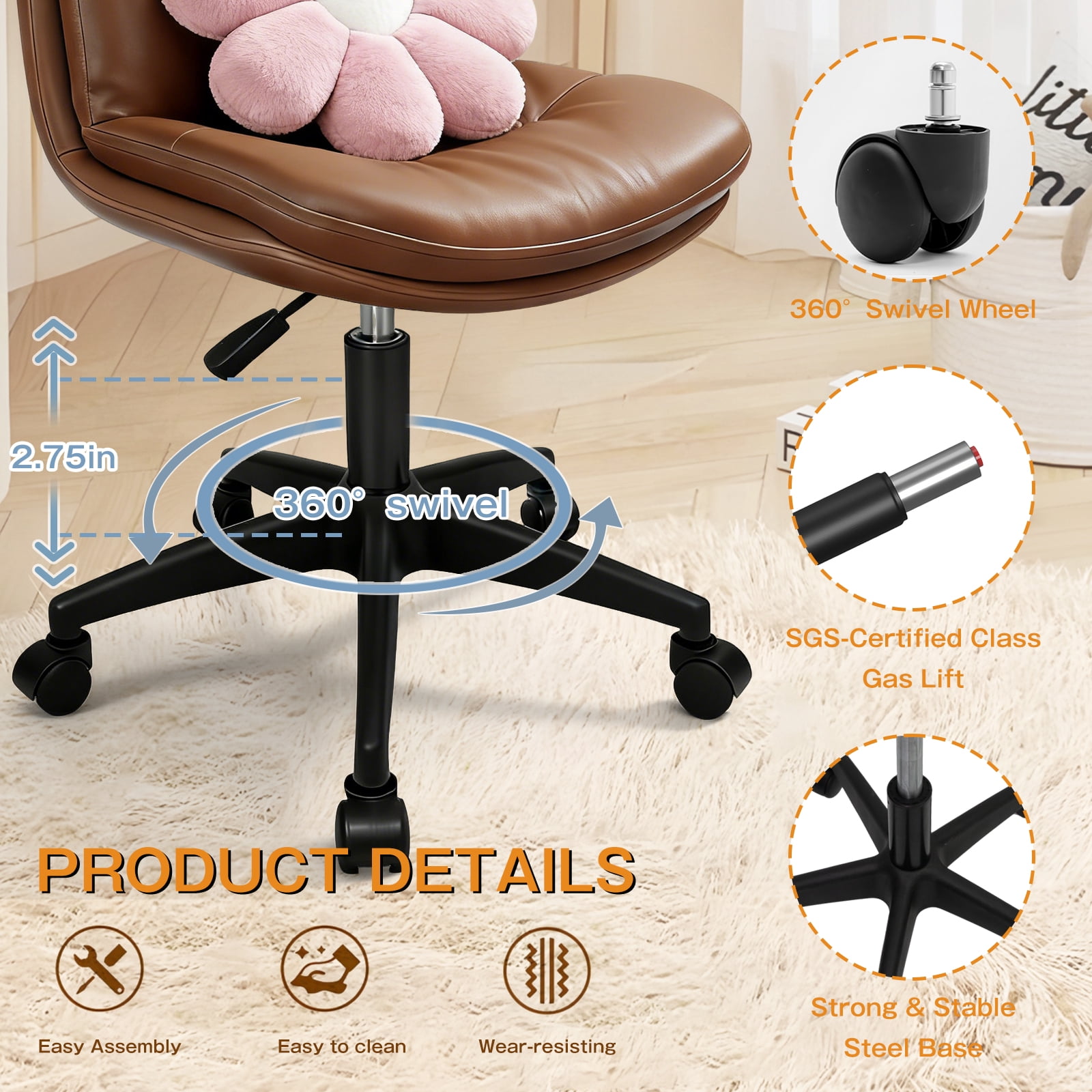 Vanity Chair with Back, PU Leather Swivel Office Desk Chair, Height Adjustable Armless Chair for Small Spaces, Bedroom, Vanity, Home Office Brown