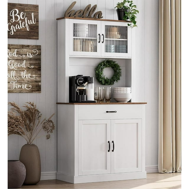 EDTara 71" Tall Kitchen Pantry Cabinet, Wooden Freestanding Hutch with 4 Doors, Adjustable Shelves, Microwave & Coffee Bar Station