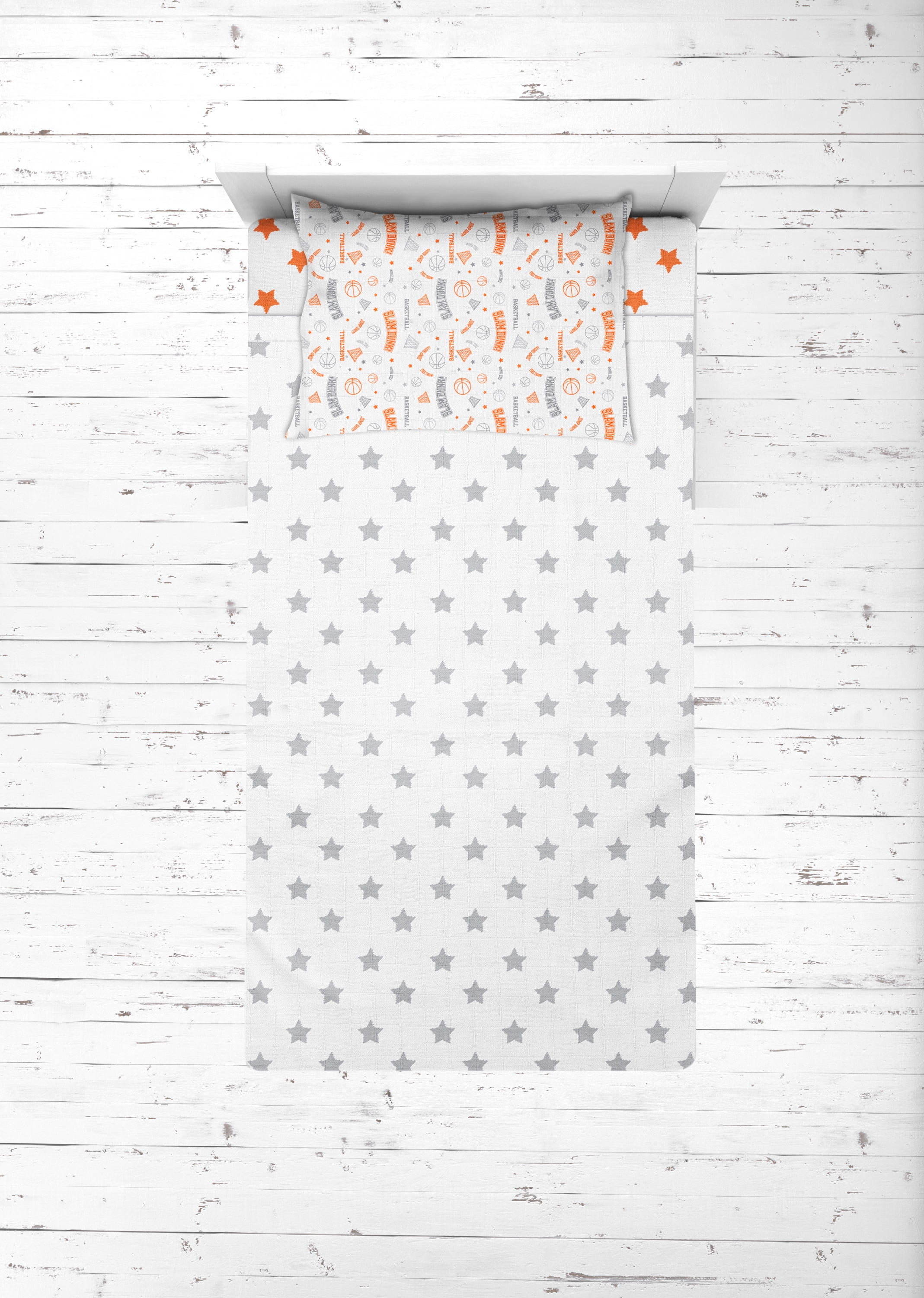 Bacati - Sports 100% Cotton Muslin 4-Piece Toddler Bedding Set, Basketball Orange/Grey