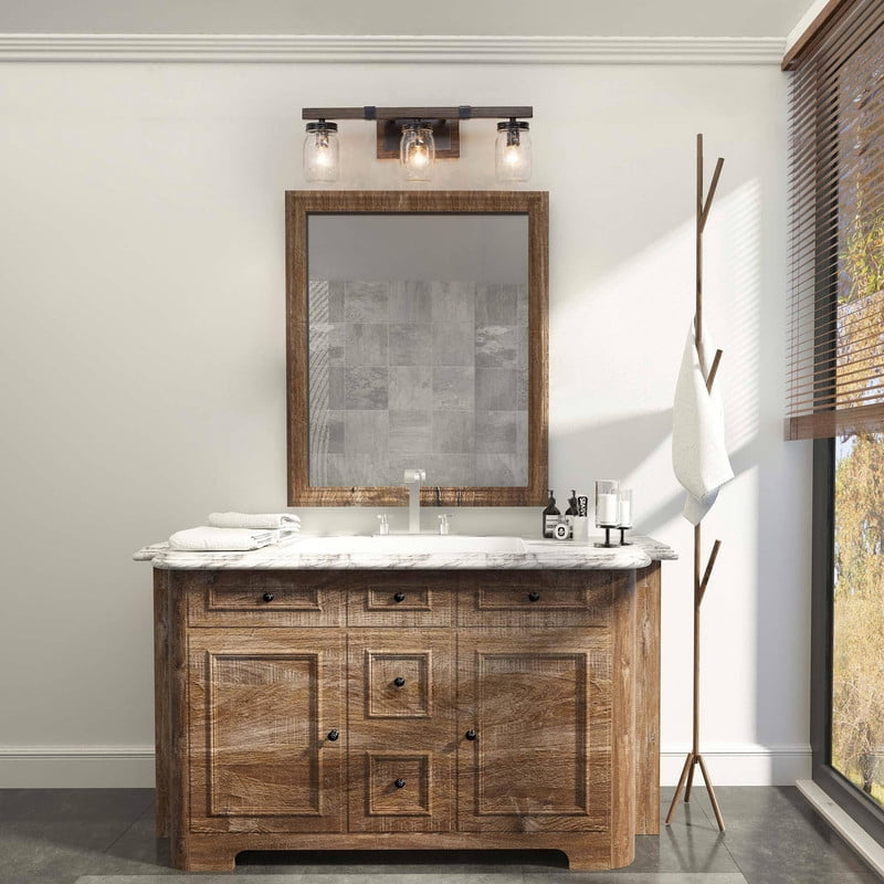 LNC 3-Light Black Geometric Clear Mason Jar Glass Modern Bathroom Vanity Light