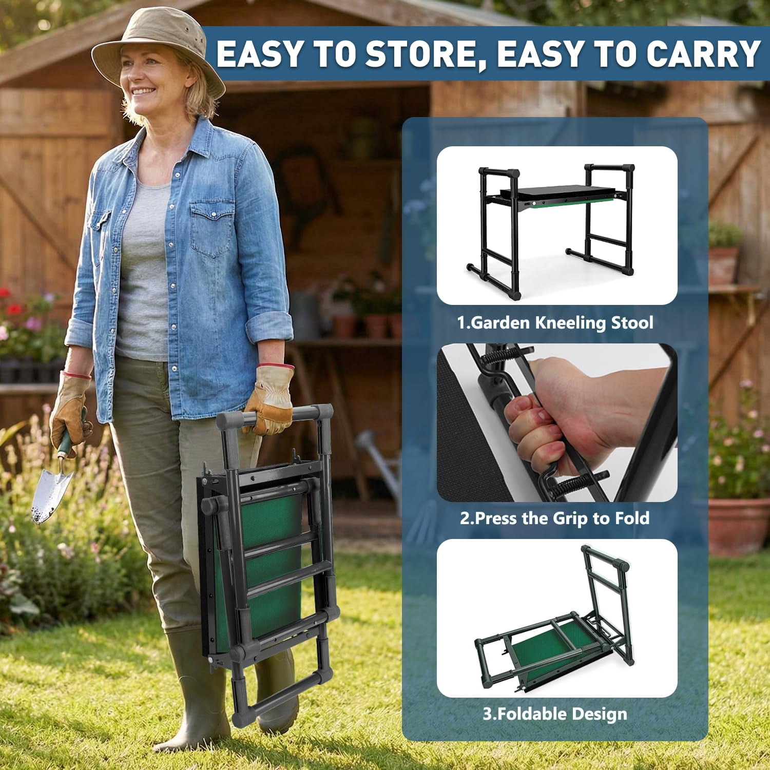 Garden Kneeler and Seat for Seniors – Heavy Duty Anti-Tip Gardening Stool with Widened Thick Soft Kneeling Pad, Foldable Garden Bench with Sturdy Handles, Gardening Gifts for Women Men Mom (Green)