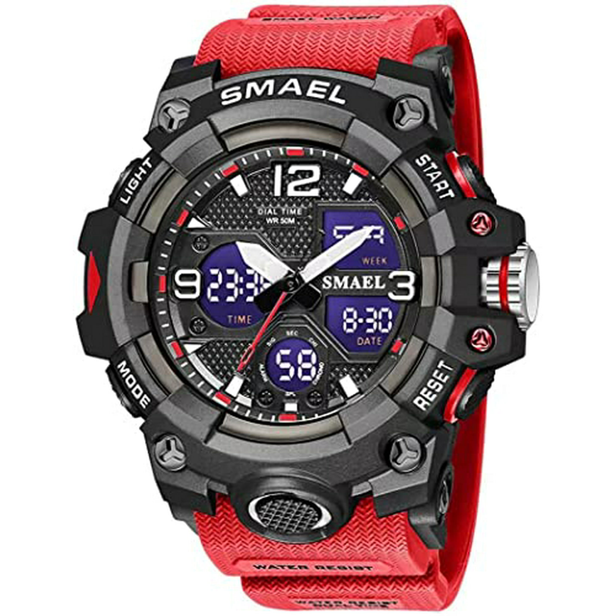 Men s Analog Digital Sports Watches Large Face Military Multifunctional LED Backlight Waterproof Watch Red