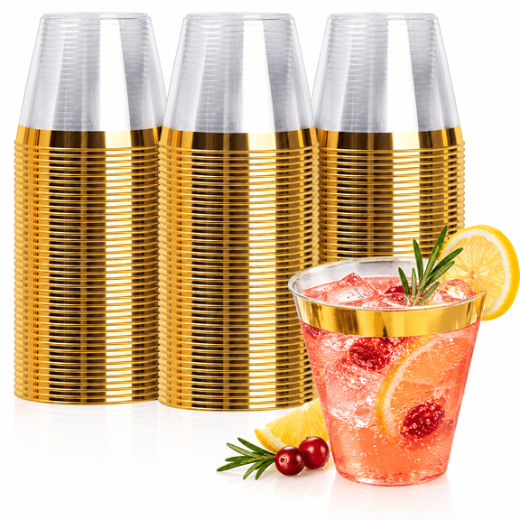 Goodluck 9 oz Clear Plastic Cups, Gold Rim Disposable Cups for Party, 50 Count