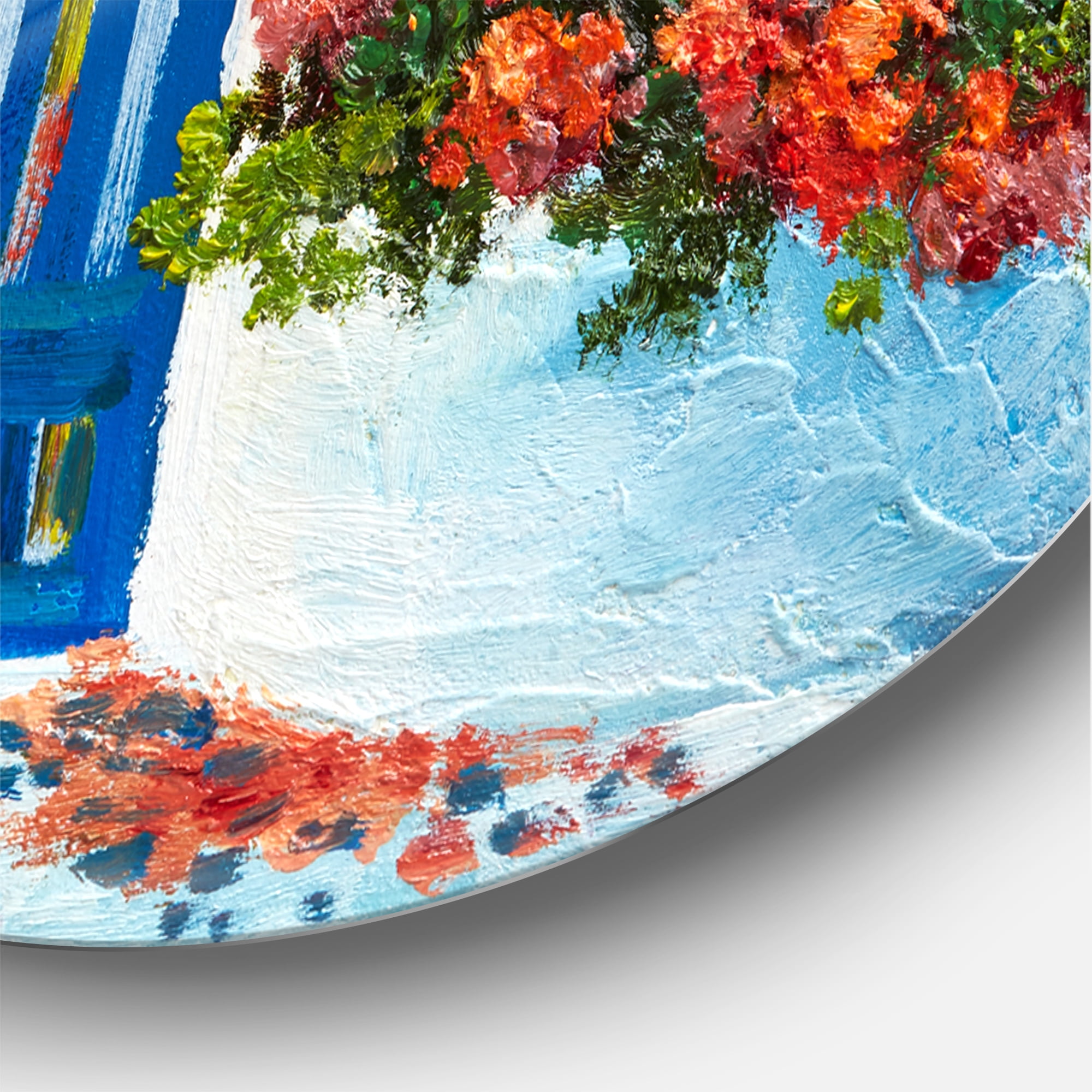 Designart 'House With Colorful Flowers Near The Sea III' Nautical & Coastal Circle Metal Wall Art 29x29 - Disc of 29