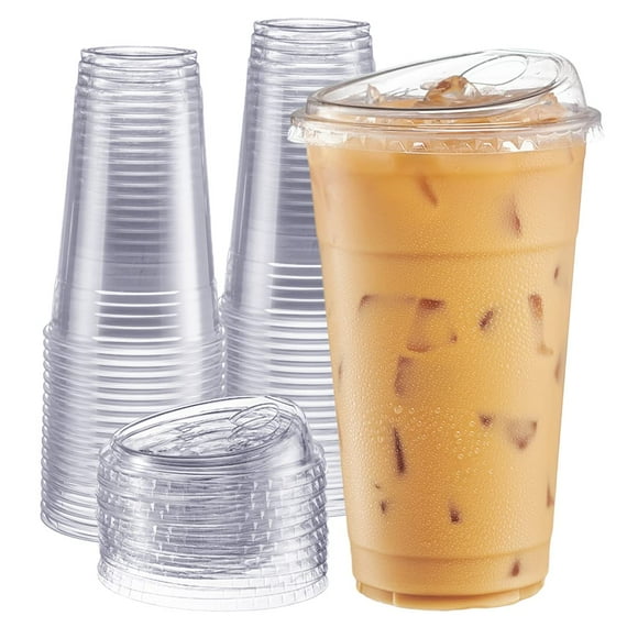 GUSTO Clear Plastic Cups with Lids [24 oz - 100 Count - Disposable Iced Coffee Drink Cups with Strawless Sip Lids for Smoothies, Juices, and More - (