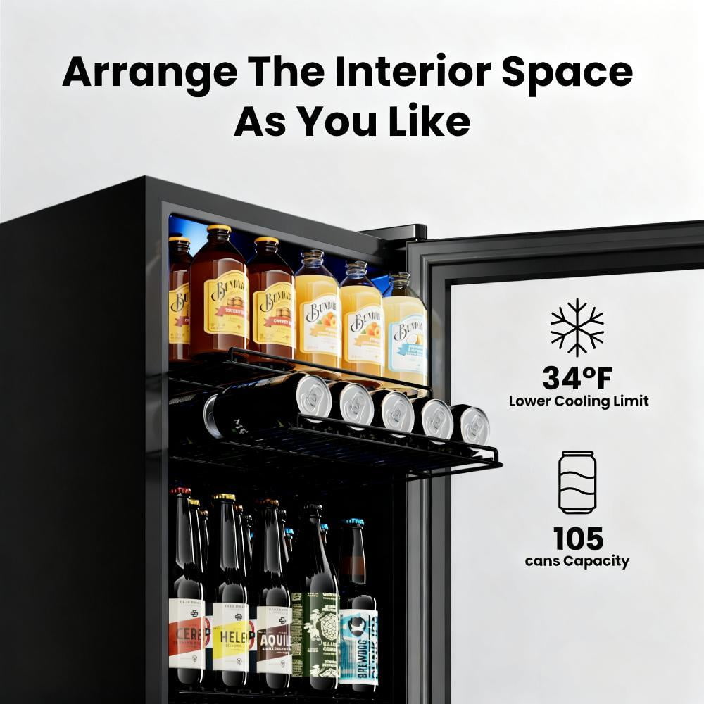 Yeego 105 Can Beverage Refrigerator Cooler, 3.11 cu.ft. Drink Fridge with Glass Door for Home/Office/Bar, Black