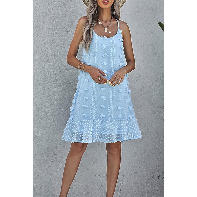 ABPHQTO Minivestido de mujer azul claro con tirantes finos y volantes en jacquard
