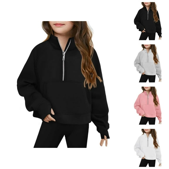 Girls Half Zip Sweatshirts 2025 Long Sleeve Casual Loose Cute Collared Plain Sweatshirt Kids Pullover Tops
