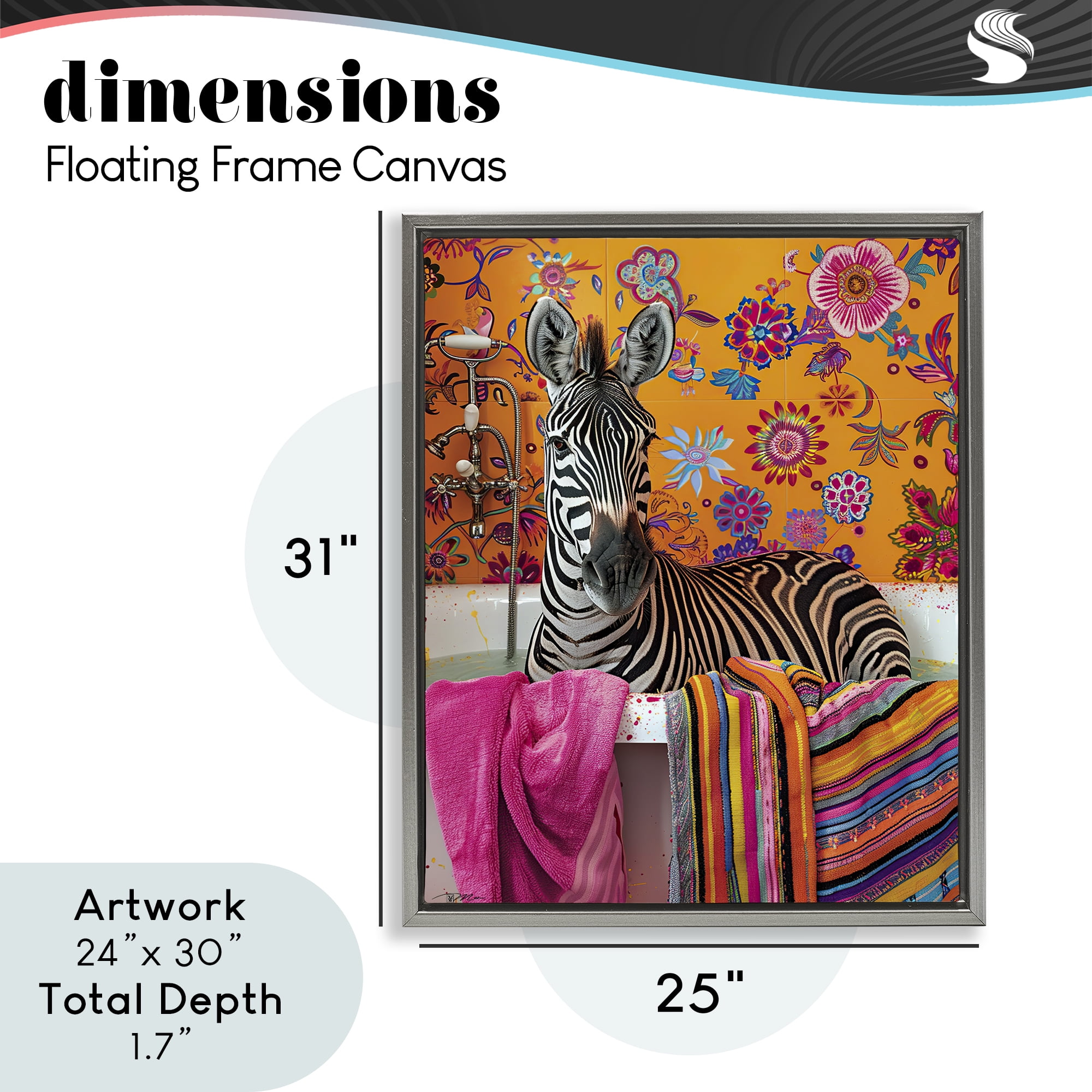 Zebra Bath with Colorful Towel Gray Framed Floater Canvas Wall Art, design by Momart