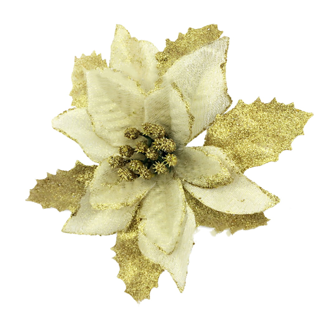 10PCS Christmas Tree Golden Frost Poinsettia Artificial Flower Xmas Tree Decor
