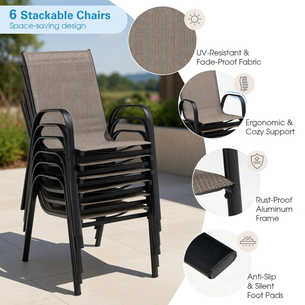 Hommoo 6-Pack Stackable Outdoor Dining Chairs, Breathable Fabric Seat, Curved Armrests, Heavy-Duty Steel Frame, Ideal for Patio, Backyard, Poolside & Balcony, Brown