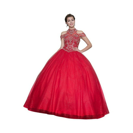 Calla Collection Womens Red Halter Neck Quinceanera Ball