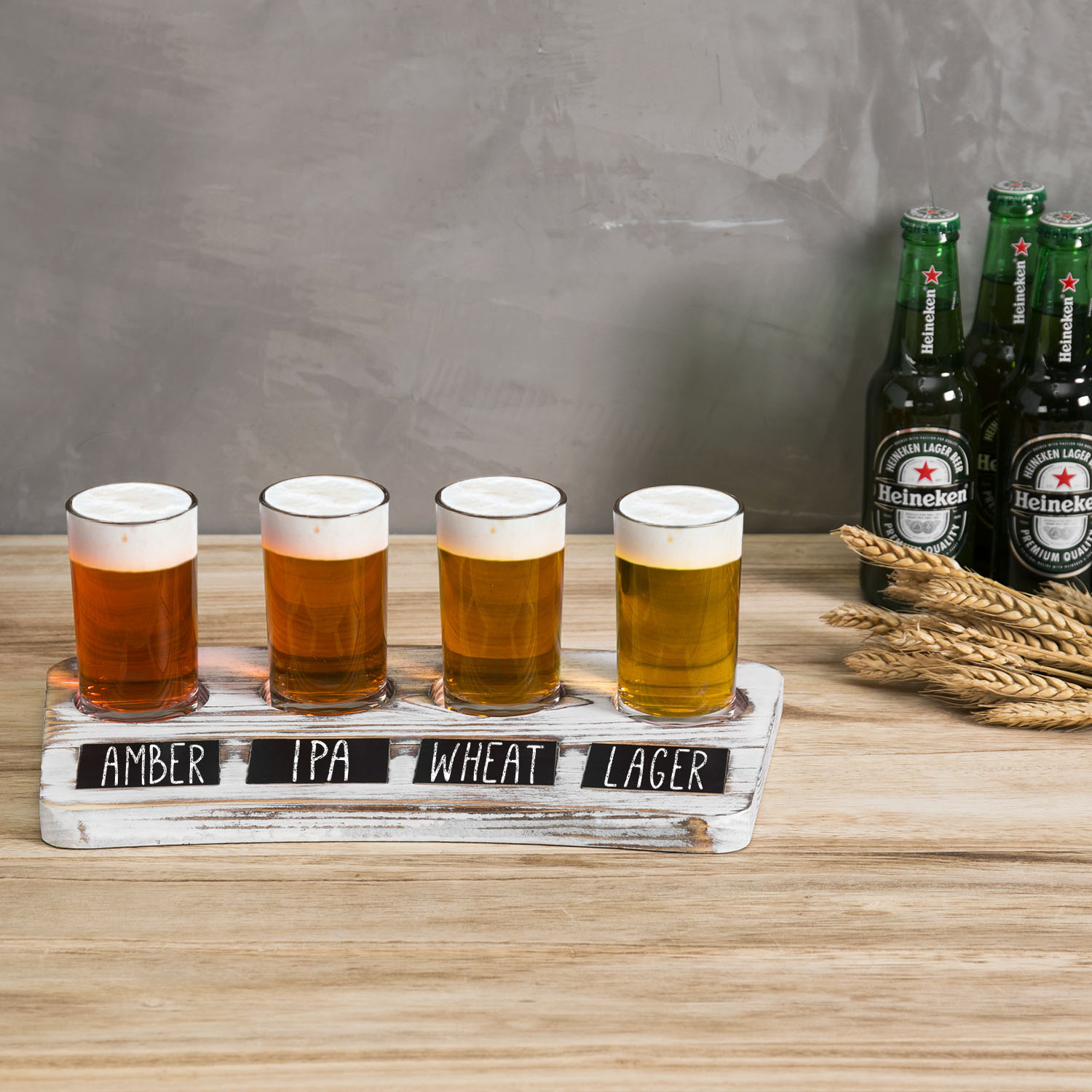 MyGift 4-Glass Whitewashed Wood Beer Flight Sampler Serving Tray with Chalkboard Labels - image 3 of 7