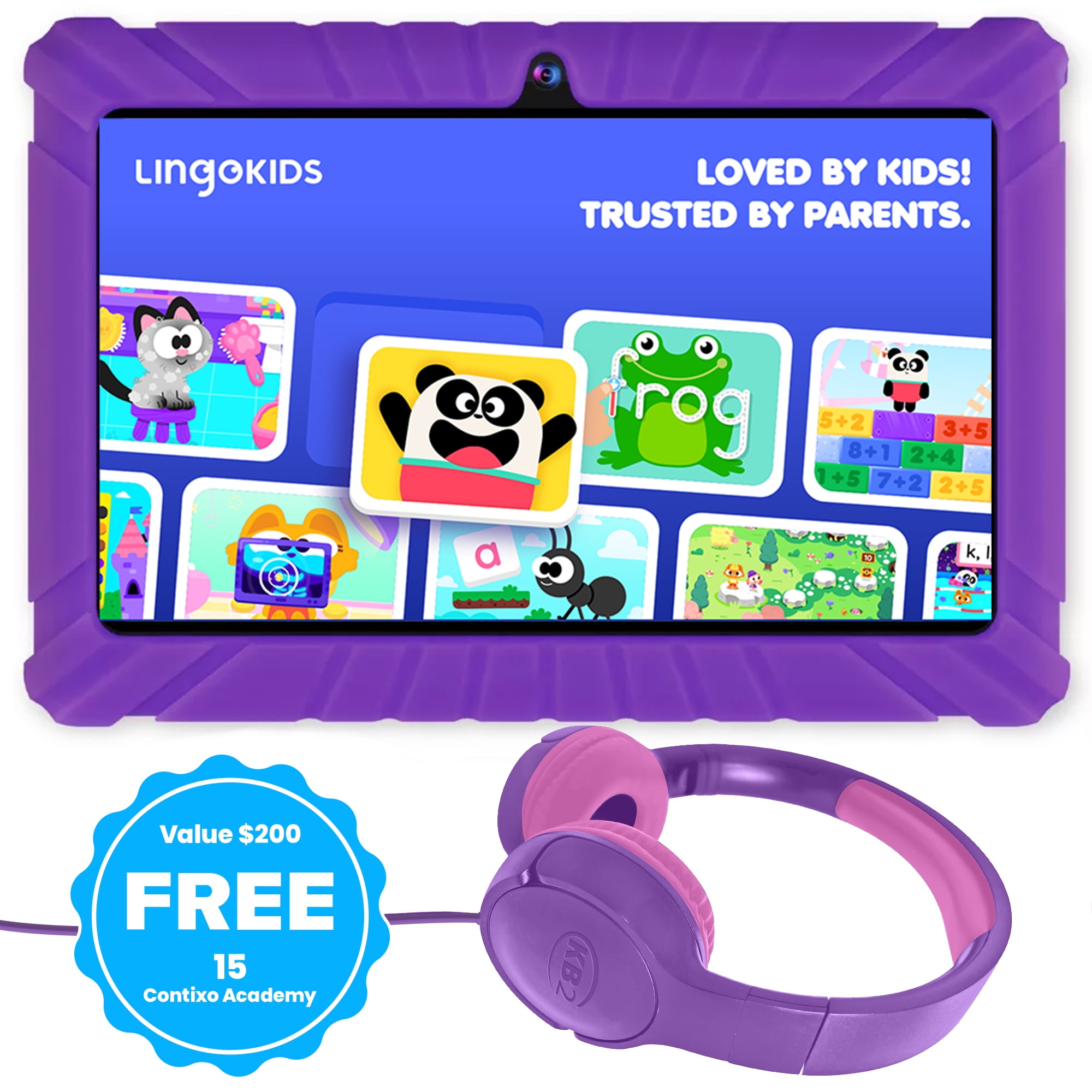 Contixo Kids Tablets Bundle, 7-Inch Educational Android Tablet and Wired Headphones for Kids Ages 3-7, Purple
