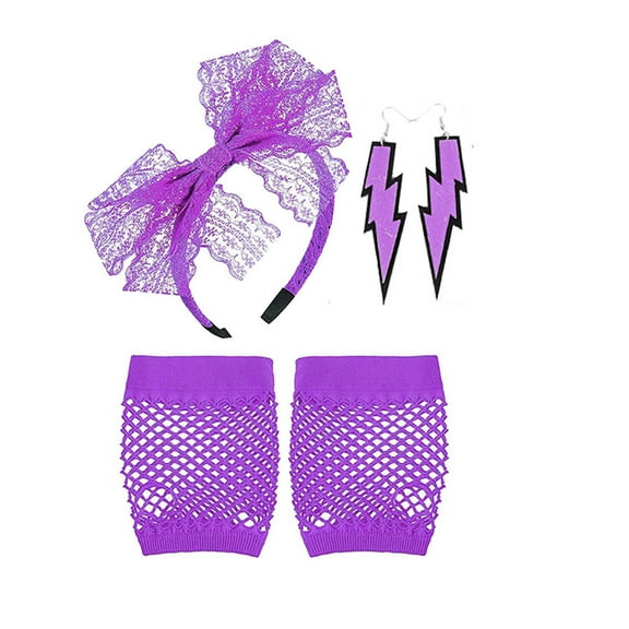 XDIAHBPL Turbans For Women Lace Headband Neon Earrings Fingerless Fishnet Gloves For 80's Party Purple