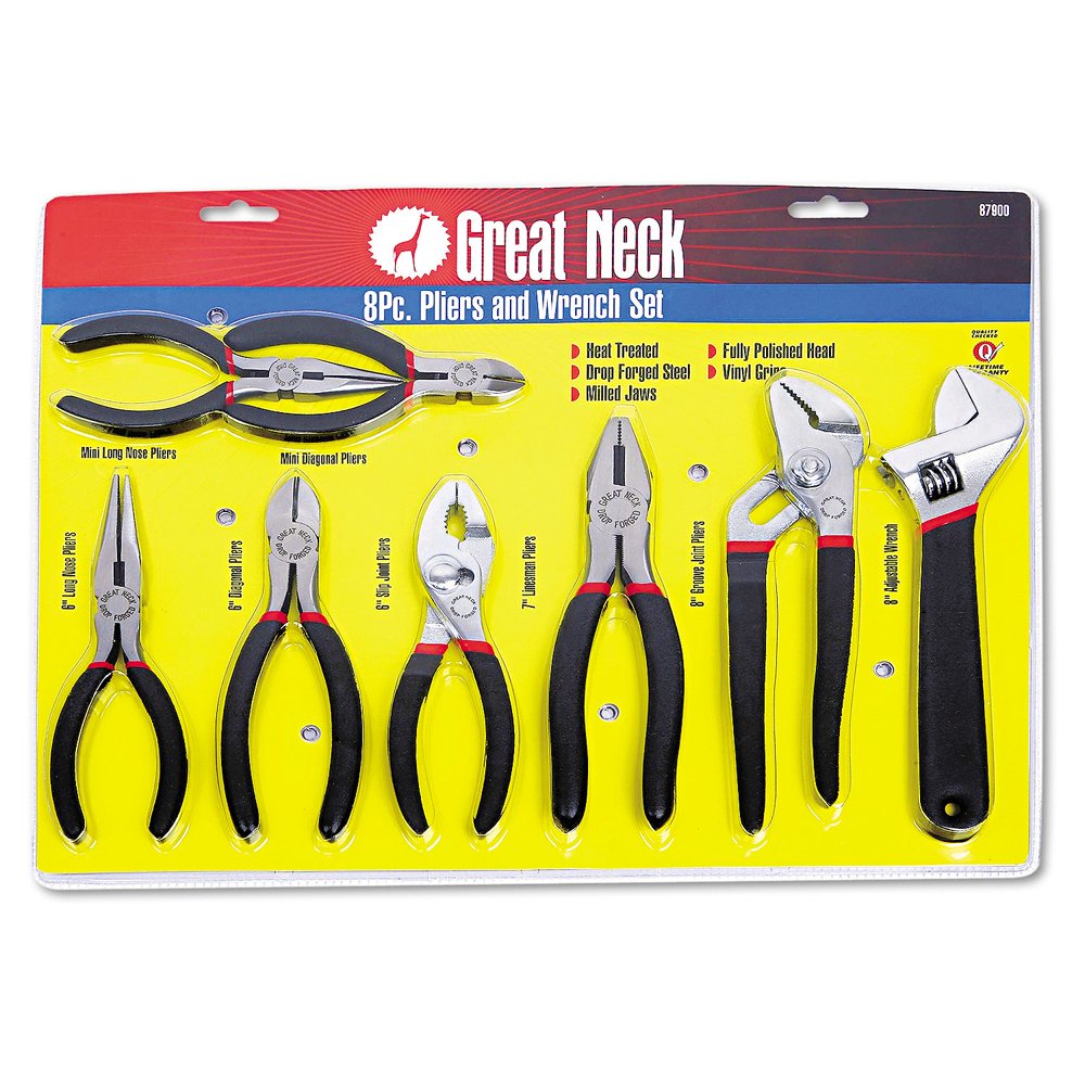 Great Neck 8Piece Steel Pliers and Wrench Tool Set, Heattreated, drop