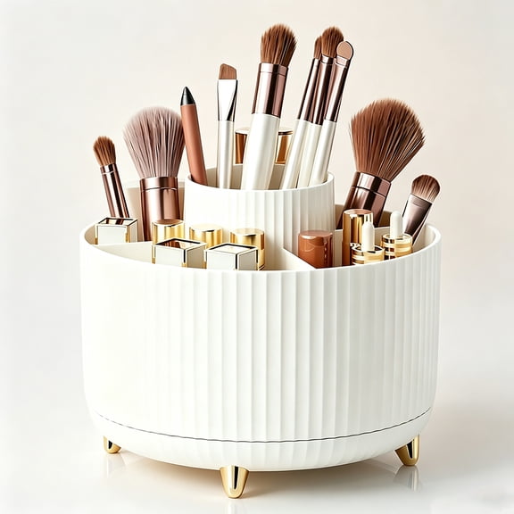 360° Rotating Makeup Brush Holder Detachable Design 5 Slot Make Up Organizer Makeup Brushes Cup Skincare Storage for Vanity,Desktop,Bathroom-White