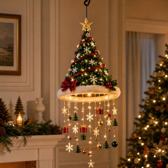 Lighted Christmas Tree Hanging Decor with Warm LED for Holiday Home Display | Plush Trim and Buckle Detailing Pair with A Built-in LED Strand for Decor That Shines Day and Night