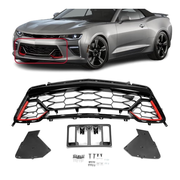 Suitable for 2016-2018 Chevrolet Camaro SS Front Lower Bumper Grille Assembly with License Plate Frame - Direct Fit Replacement in Black & Red