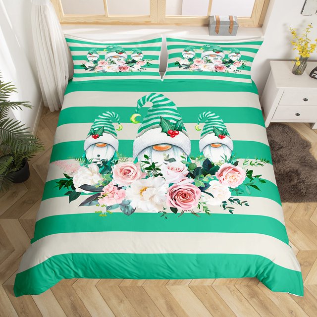 YST Floral Gnomes Duvet Cover,Watercolor Pink White Rose Flowers