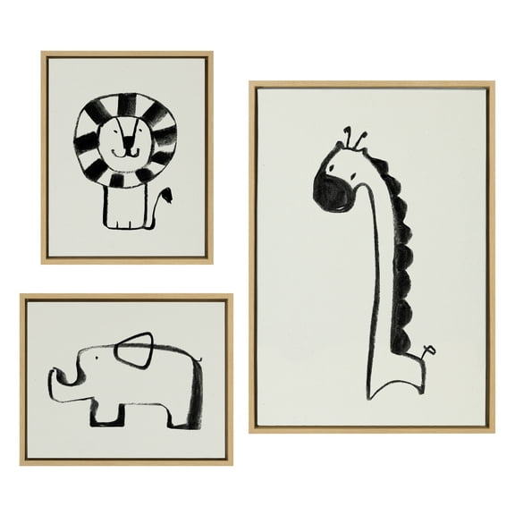 Kate and Laurel Sylvie 390 Giraffe BW, 409 Lion BW and 400 Elephant BW Framed Canvas Wall Art Set by Teju Reval of SnazzyHues, 3 Piece Art Set Natural, Fun Kids Animal Art