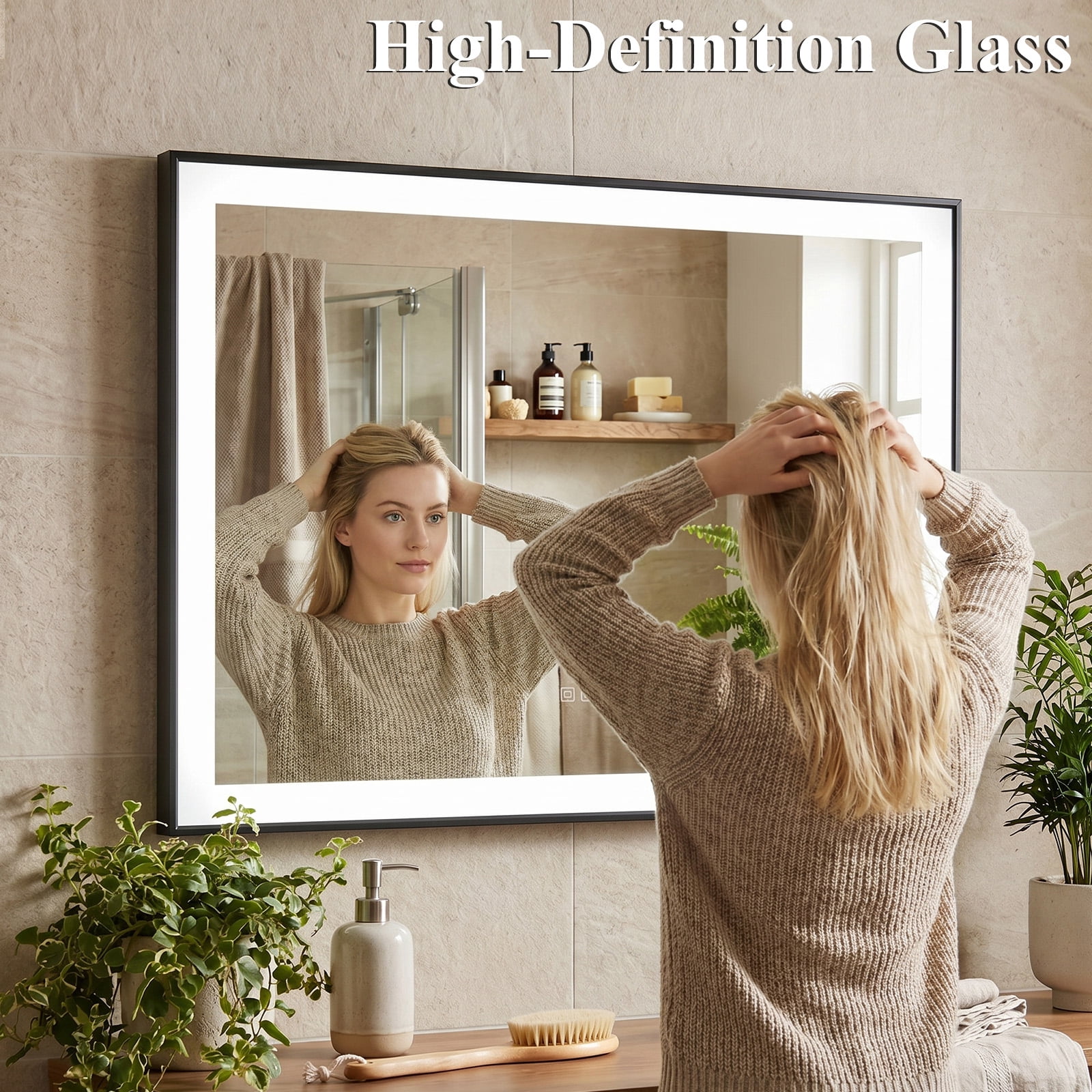 BEAUTYPEAK 28"x 36" LED Bathroom Vanity Mirror with Dimmable 3 Color Modes, Black