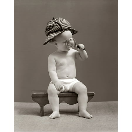 1940s Baby Sherlock Holmes In Diaper Sitting On Bench Wearing Deer Stalker Hat Looking Through Magnifying Glass Print
