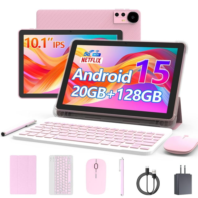 Tablet Android 15 de 10 pulg, 18 GB RAM+128 GB ROM/2 TB expandible, 2 en 1, funda/teclado/mouse/lápiz, procesador Quad-core de 2.0 GHz, pantalla HD IPS de 1280 x 800, 5G WiFi6 BT 5.0, cámara 8 MP