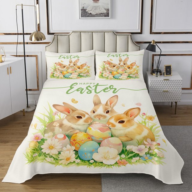 Erosebridal Kawaii Rabbit Bedspread Sets King Size, Easter Eggs Bed Quilt, Happy Easter Decor 3pcs