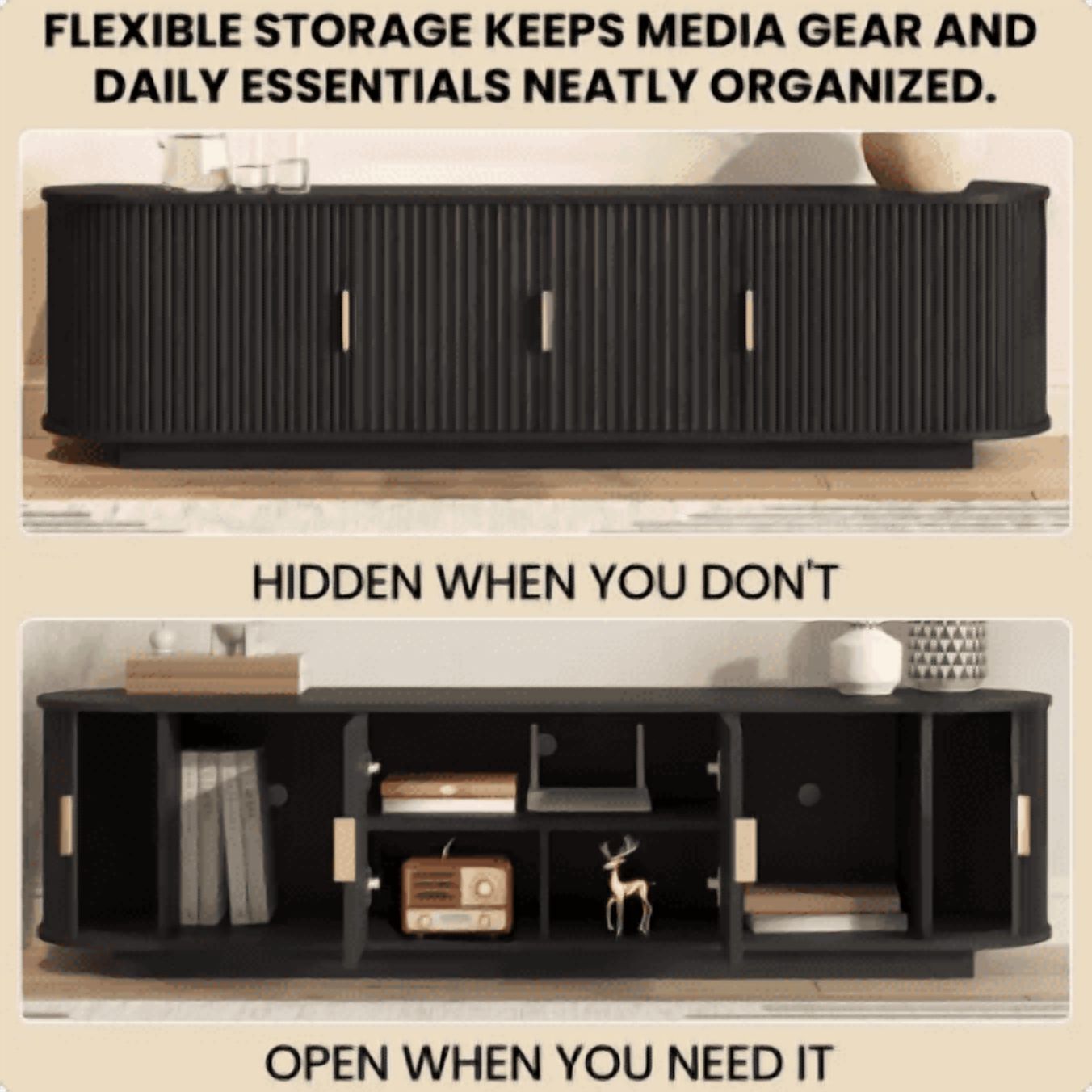 PORKISS Modern Fluted TV Stand for 75 Inch TV, Wood Entertainment Center with Tambour Sliding Doors, TV Console with Storage Cabinet, Media Console Table for Living Room Bedroom, Black