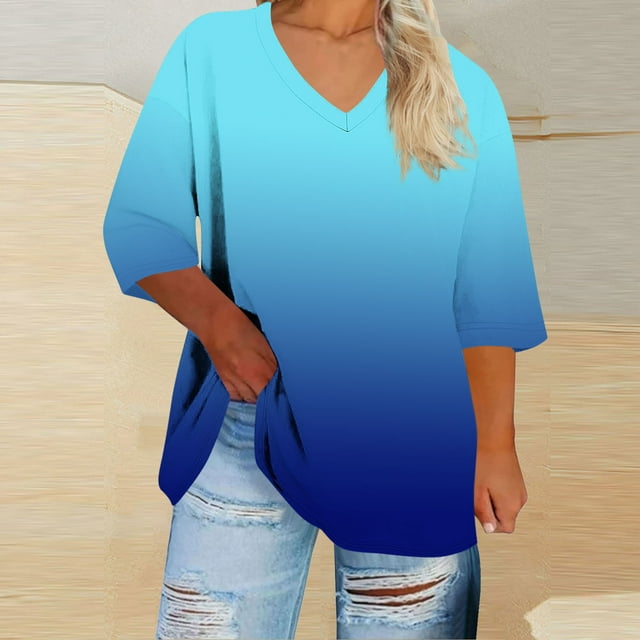Mevxay Women Plus Size Tops 3/4 Sleeve V Neck T-Shirts Casual Loose Gradient Basic Tees Fall Summer Tops Blue S