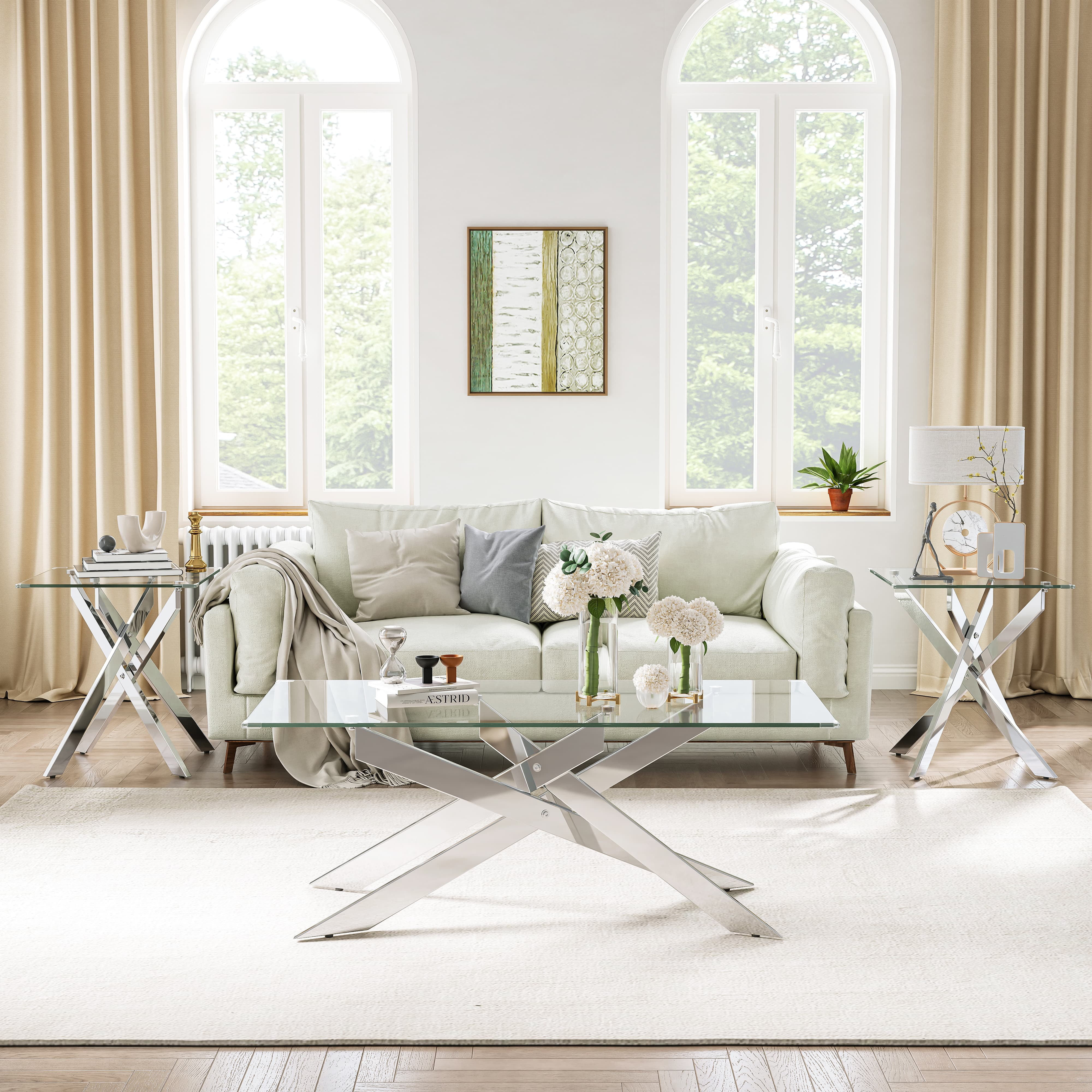 Rectangle Modern Coffee Glass Table, Tempered Glass Top and Gold Plated Metal Leg for Living Room Home Office