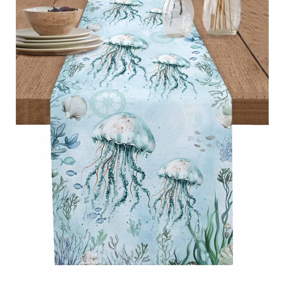 ERUNPONLY Aqua Jellyfish Table Runner - 48 Inch Long Coastal Nautical Ocean Shells Seaweed Cotton and Linen Blended Dress Scarves Farmhouse Table Runner for Kitchen Dining, Coffee Table, 13" x 48"