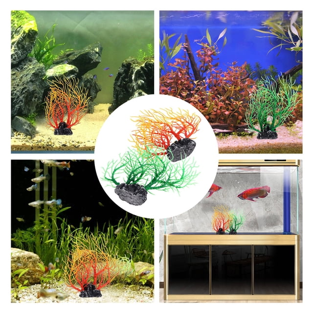 OULII 2Pcs Plastic Aquatic Plants Coral Tree Shape Lifelike Outlook Orange .4X8.7in