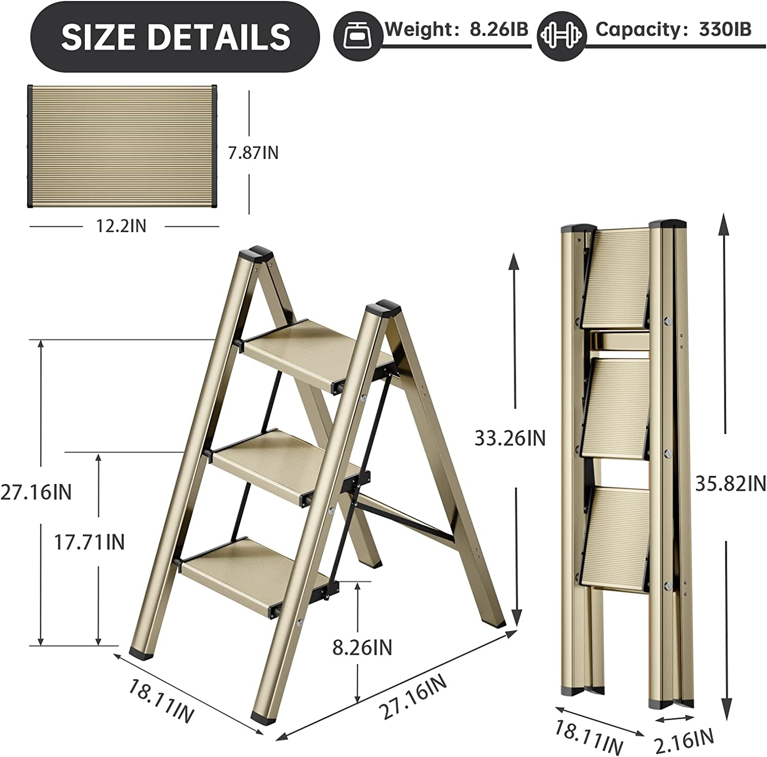 YIGOU Folding 3 Step Ladder Aluminum Lightweight Step Stool W/Anti