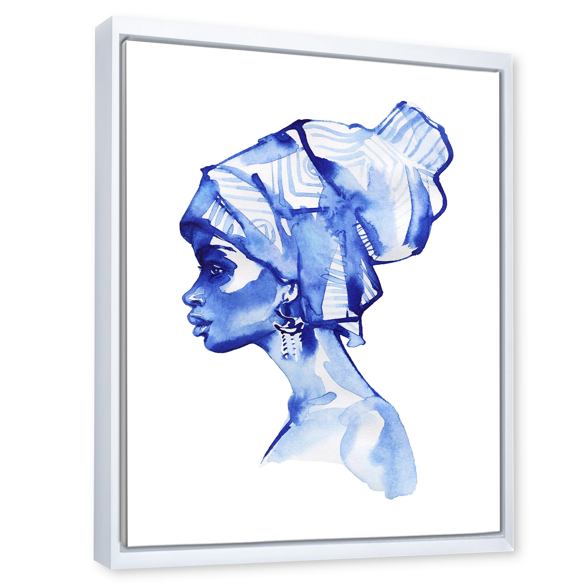 Designart 'Afro American Woman Blue Fashion Portrait' Modern Framed Canvas Wall Art Print