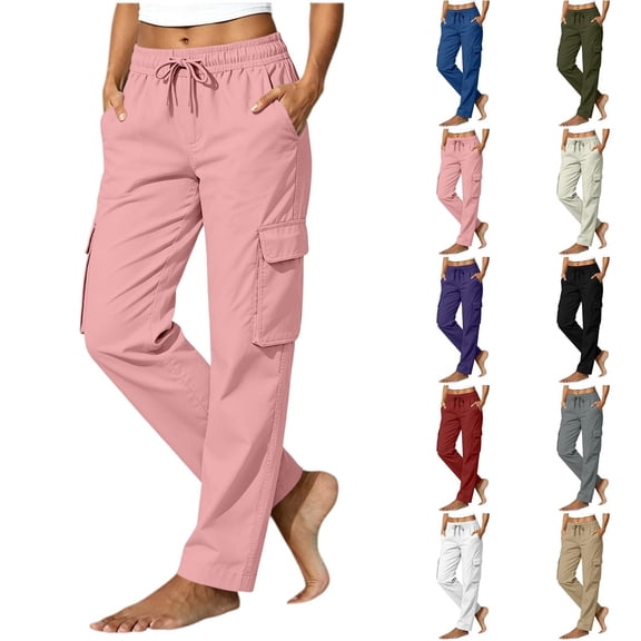 Qingpeng Womens Elastic Waisted Cargo Pants Drawstring Straight Leg Casual Trousers Multi Pockets Solid Color Outdoor Daily Pants