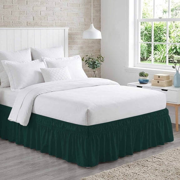 Bed Skirt Solid Color Adjustable Elastic Wrap-Around Dust Ruffle with Deep Green 18 Inch Drop, Bed Frame Cover for Queen Size Bed