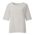 thumbnail image 4 of Women's Casual Cotton Linen T-Shirt, Three-Quarter Sleeve, Round Neck, Pleated Front, Side Slit, Top, 4 of 9